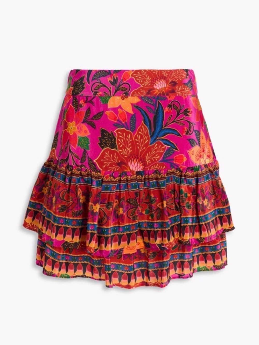 FARM RIO Tiered Printed Satin Floral Tropical Mini Skirt